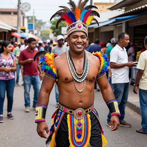 Photograph of a smiling, muscular Black man in colorful, traditional Trinidadian carnival attire with feathered headdress, beaded necklaces, and vibrant
