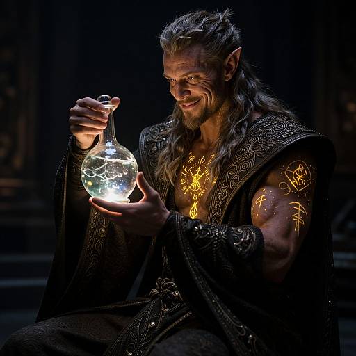 Photograph of a muscular, long-haired, bearded elf with glowing runes on his chest, holding a glowing glass bottle, in dark, moody