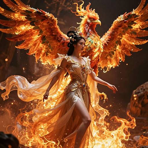 Photorealistic digital artwork of a fiery-winged woman in a glowing, ethereal, golden dress, surrounded by intense flames, with a majestic phoenix