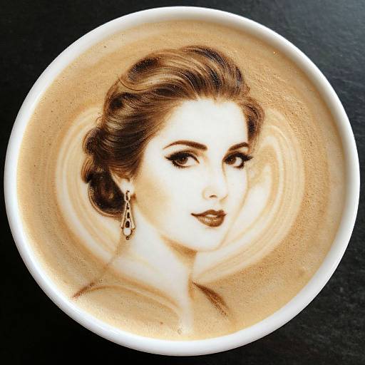 Photorealistic coffee art portrait of a woman with wavy brown hair, dark lipstick, and dangling earrings, in a white cup.