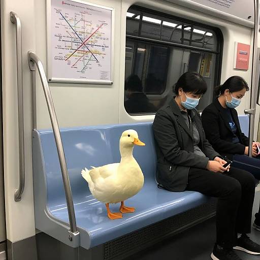 Photograph of two Asian men in black suits and blue masks sitting on a subway bench with a white duck. Map and window in background. Subway car