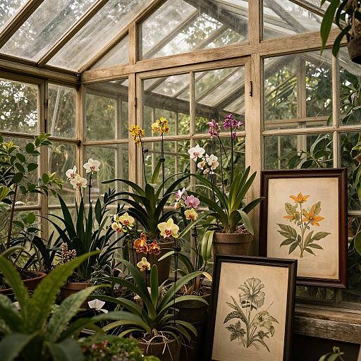 Photograph of a sunlit greenhouse with vibrant orchids, framed botanical prints, and wooden window frames, showcasing lush greenery outside.