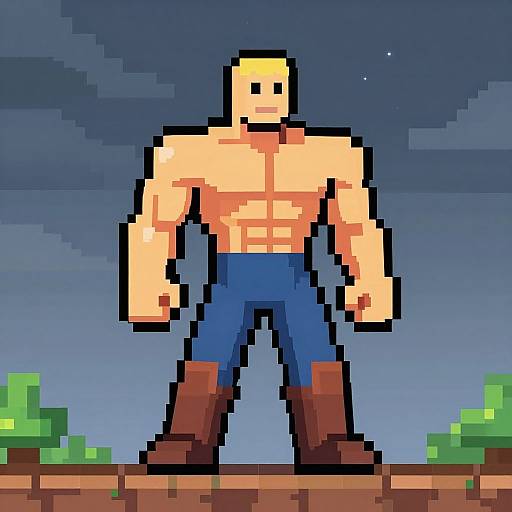 Pixel art of a muscular, bald, shirtless man with blue pants and brown boots, standing on a brown dirt path under a starry night sky