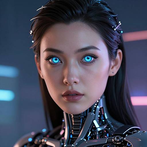 Digital CGI image of a cybernetic woman with glowing blue eyes, sleek black hair, and metallic neck enhancements, set against a futuristic, blue-l