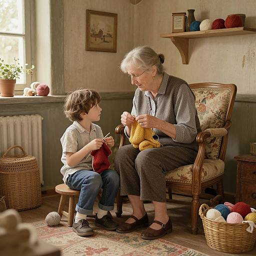Photograph of elderly woman with gray hair, wearing checkered shirt and gray dress, teaching young boy to knit in cozy, sunlit room. Y
