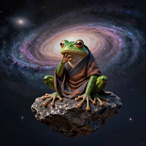Digital art: Green frog in brown robe, sitting on rock, hand to chin, with glowing eyes and spiral galaxy backdrop.