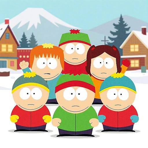 Cartoon image of six children in winter clothing, standing in front of snowy houses with a mountain background, waving and smiling.