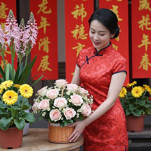 Asian woman in red floral cheongsam, smiling, arranging white and pink roses in wicker basket, surrounded by yellow chrysanthemums,