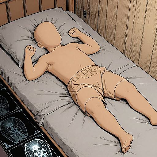 Digital drawing of a bald, faceless baby in beige diapers lying on a gray bed with wooden walls and a dark floor.