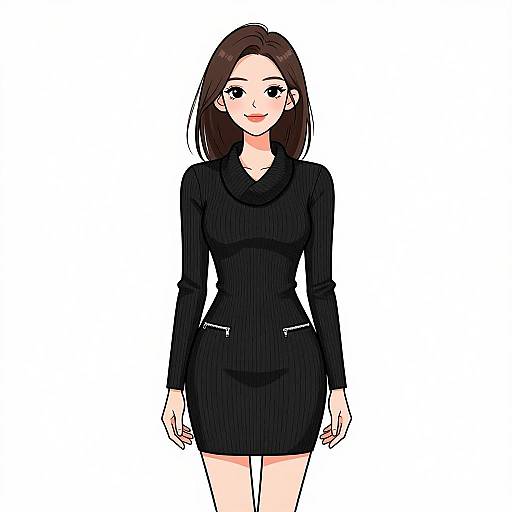 Smiling Woman in Black Ribbed Knit Dress