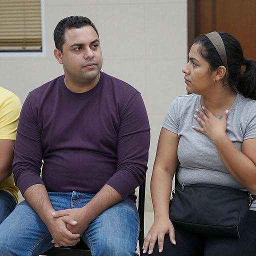 Man and Woman Sitting Indoors in Conversation