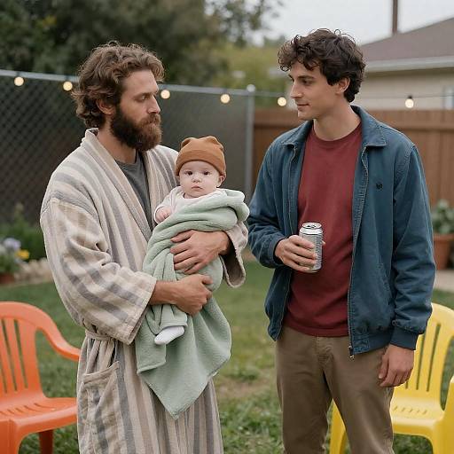 Joyful Backyard Moment with Two Men