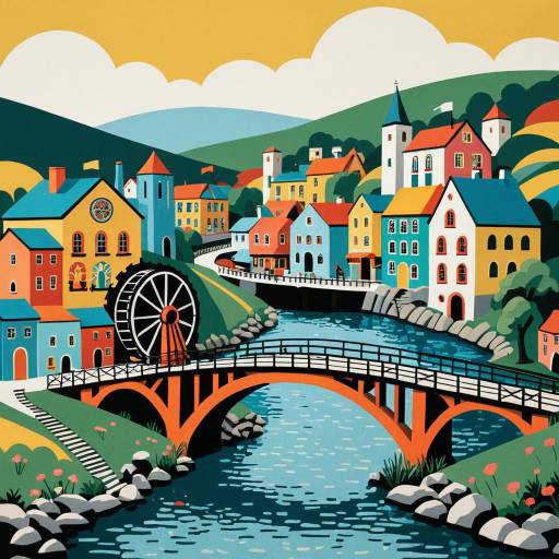 Whimsical Folk Art Riverside Town