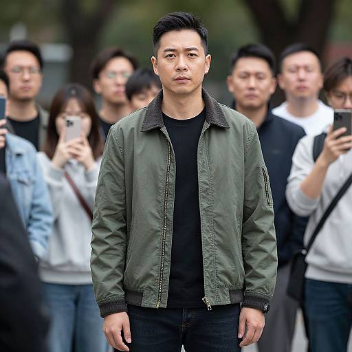 Photograph of a serious East Asian man in a green bomber jacket and black shirt, standing in front of a group of people taking photos with smartphones.