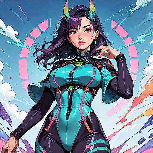 Horned Purple-Haired Anime Busty Girl