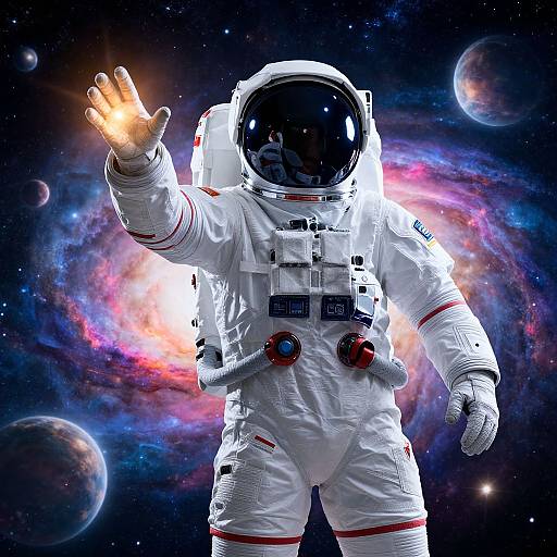 Photorealistic digital image of an astronaut in a white spacesuit with glowing hand, against a colorful cosmic background with planets.