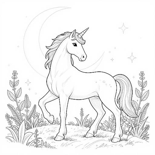 Black-and-white line drawing of a unicorn with a flowing mane and tail, standing among grass and flowers under a circular sun.
