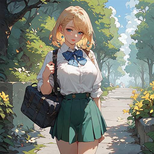 Anime Schoolgirl in Green Skirt Outdoors