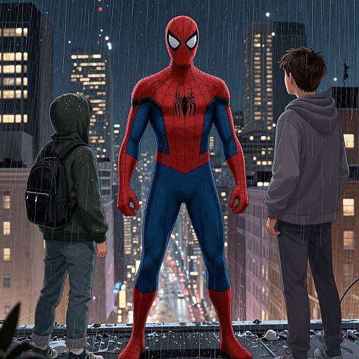 Photograph-style digital art: Spider-Man stands confidently in a rainy cityscape, flanked by two hooded men in casual clothes, with illuminated skys
