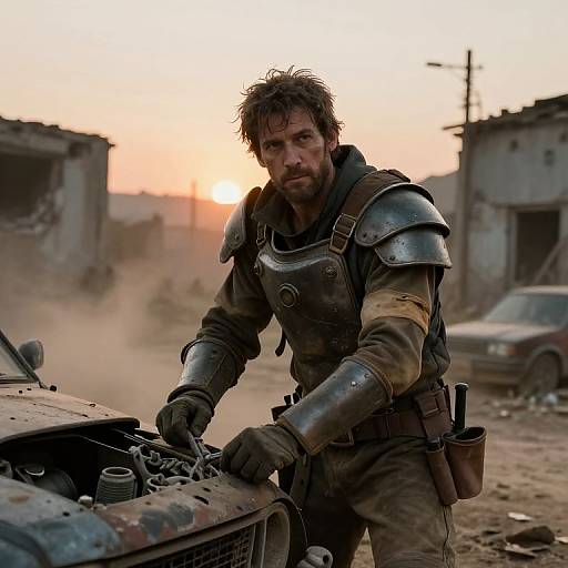 Photograph: Grim, bearded man with messy hair, wearing rusted armor and gloves, repairs a dusty, abandoned car at sunset in a des