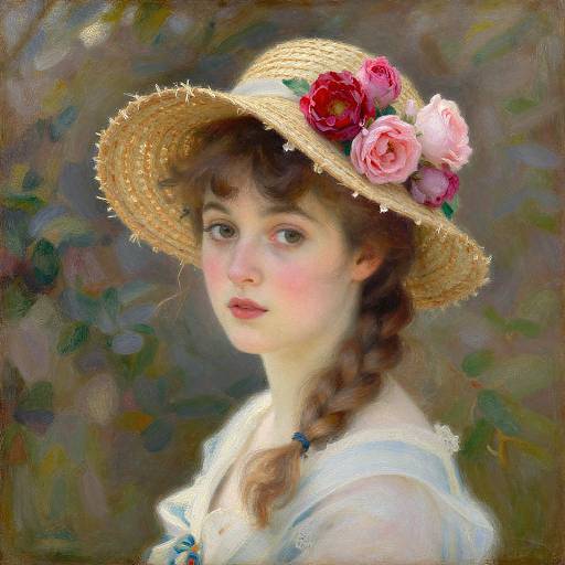 Digital painting of a young woman with fair skin, brown braided hair, wearing a straw hat adorned with pink and red flowers, and a white blouse