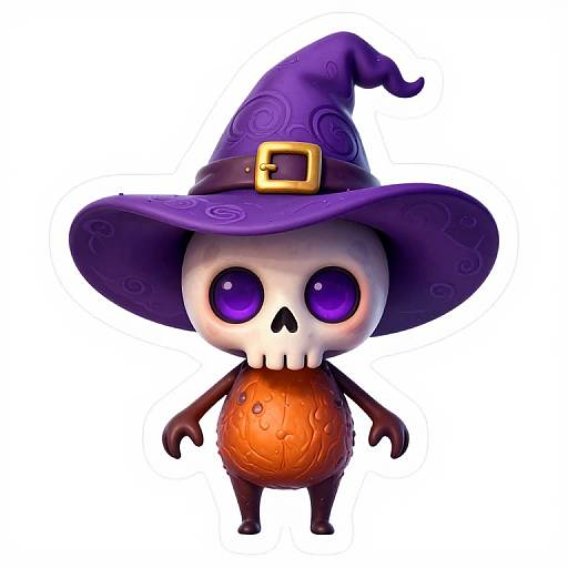 Chibi-style digital drawing of a cute, skeletal witch with large purple eyes, wearing a purple hat with a gold buckle, and an orange, textured
