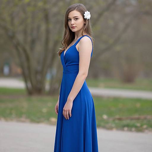 Photograph of a young woman with fair skin and long brown hair, wearing a vibrant blue sleeveless dress, adorned with a white flower in her hair