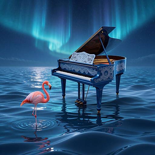 Surreal Moonlit Piano and Flamingo