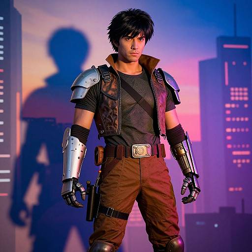 Digital art of a muscular, black-haired man with cybernetic arms and shoulder armor, wearing brown pants, against a neon cityscape.