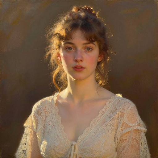 Photograph-style digital painting of a young woman with fair skin, brown hair in a loose bun, wearing a lace, low-cut white top, illuminated