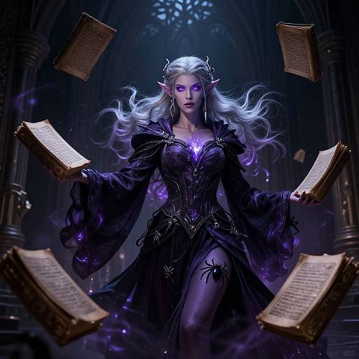 Digital fantasy art of an ethereal, white-haired elf woman with glowing purple eyes, black ornate dress, floating books in a dark, gothic