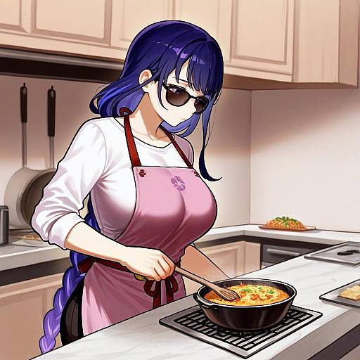 Anime-style digital drawing of a blue-haired woman in sunglasses, pink apron, white shirt, cooking in a modern kitchen, stirring soup on a st