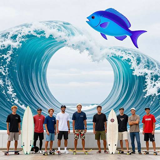 Skateboarders and Surfers by Colorful Wave