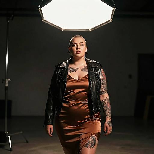 Plus-Size Tattooed Woman in Satin Slip