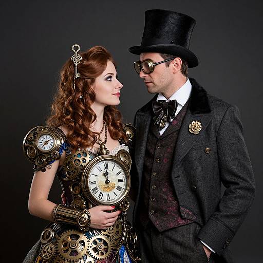 Steampunk couple: woman in clockwork dress, long red curls, ornate jewelry; man in top hat, glasses, black suit, dark
