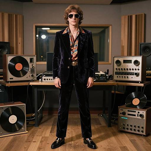 Photograph of a curly-haired man in a black velvet suit, sunglasses, and colorful shirt, standing in a recording studio with vintage record players and wooden