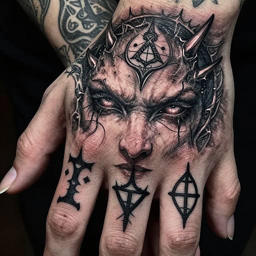 Photograph of a heavily tattooed hand with intricate black tribal designs, including a demonic face and geometric symbols, against a dark background.