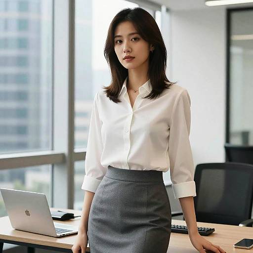 Photograph of a young Asian woman with straight black hair, wearing a white blouse and gray skirt, standing in a bright office with large windows and a