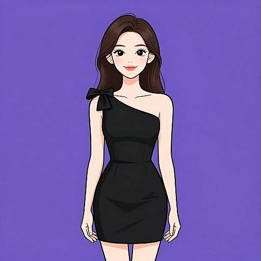Digital anime-style drawing of a fair-skinned woman with long brown hair, wearing a black one-shoulder dress, against a solid purple background.