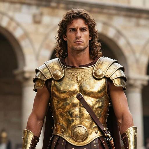 Photograph of a muscular man with long brown hair, wearing golden, intricately patterned ancient Roman armor, standing in front of a stone archway