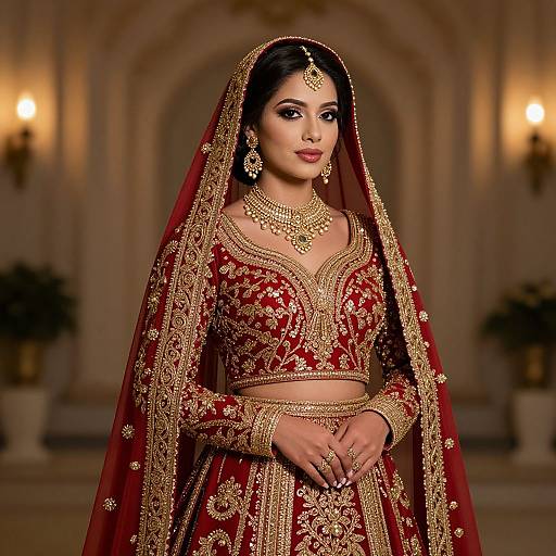 Photograph of an Indian bride in a rich red and gold traditional lehenga and dupatta, adorned with intricate jewelry, standing in an elegant, softly