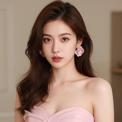 Photograph of an Asian woman with long, dark brown hair, wearing a pink strapless dress and pink rose earrings, looking directly at the camera with