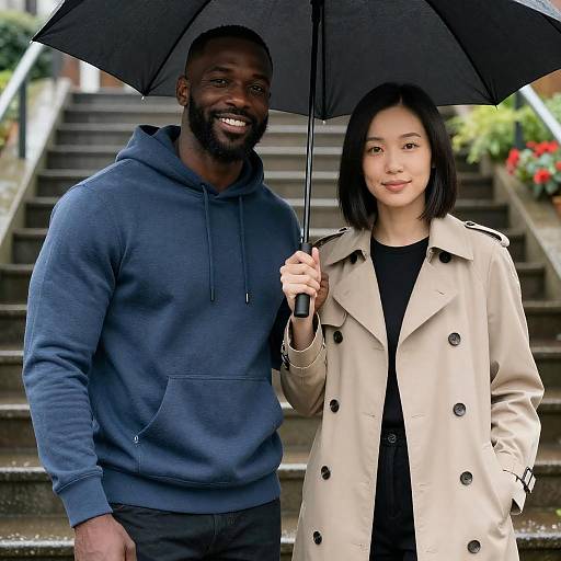 Photograph of smiling Black man in blue hoodie and Asian woman in beige coat holding black umbrella on rainy stairs.