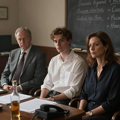 Photograph of three people in a classroom: elderly man in suit, young man in white shirt, woman in black blouse, chalkboard in background.