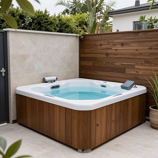 Photograph of a modern outdoor wooden hot tub with white interior, blue water, surrounded by beige tiles, dark wooden fence, greenery, and p