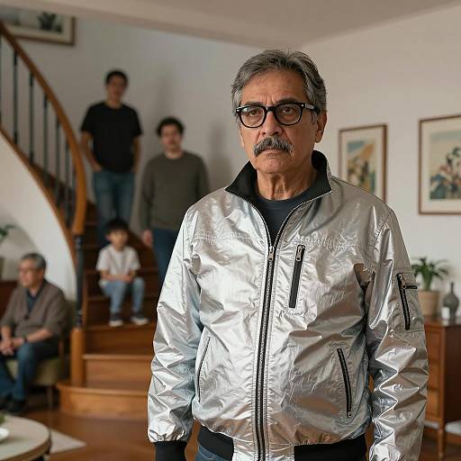 Middle-aged Man in Silver Jacket Indoors