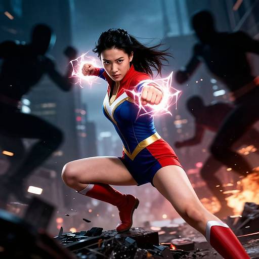 Photorealistic CGI of Wonder Woman in action pose, glowing fists, red, blue, and yellow costume, battling silhouetted foes in a