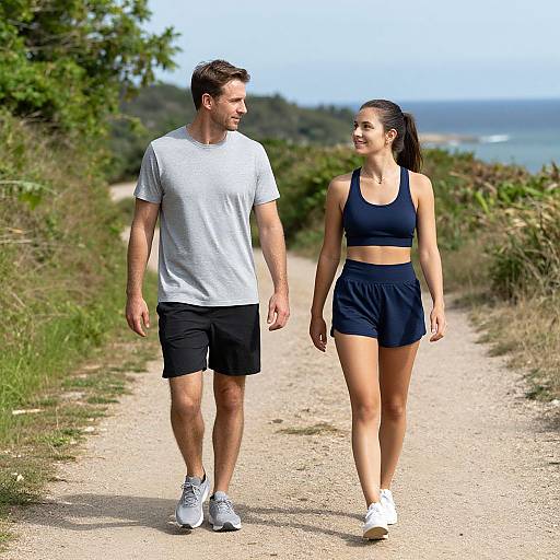 Photograph of a smiling athletic couple walking on a sandy path; man in white tee and black shorts, woman in black sports bra and shorts, with