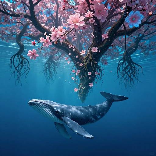 Photograph of a majestic blue whale swimming beneath a submerged cherry blossom tree, with vibrant pink flowers and dark, gnarled roots, in a clear
