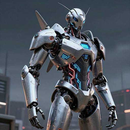 CGI image of a futuristic, silver robotic humanoid with blue and red neon lights, standing in a dark, urban cityscape.
